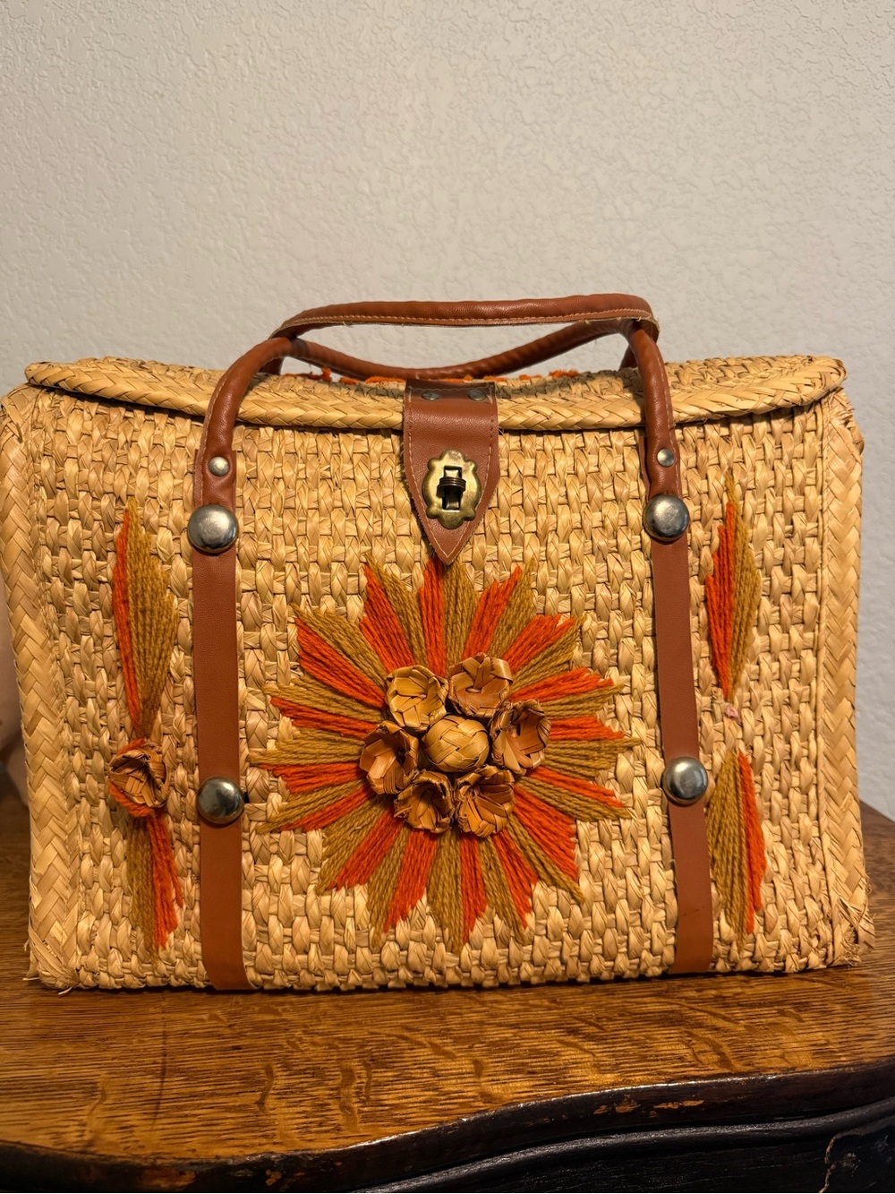 Handwoven Straw Tote with Orange Floral Embroidery
